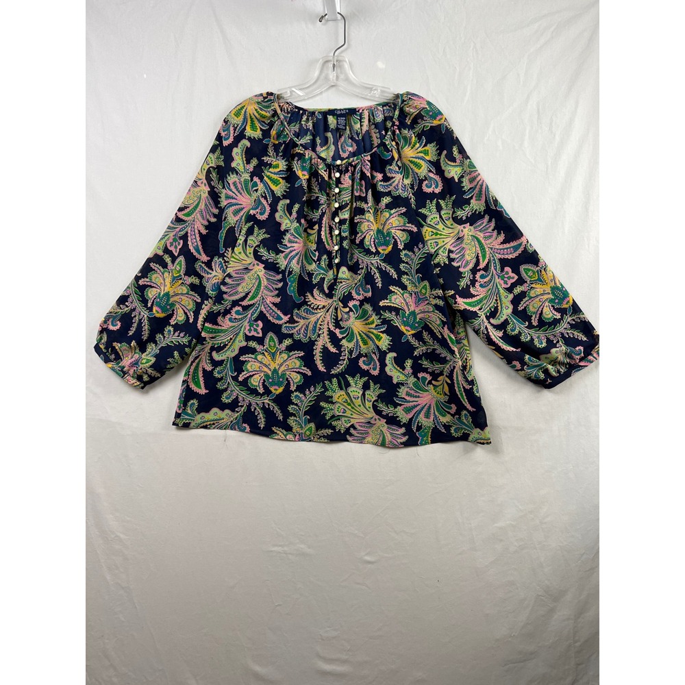 Chaps Paisley Peasant Blouse Womens XL Navy Pink Green 3/4 Sleeve Boho Top